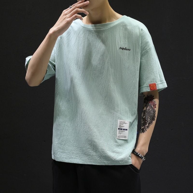 Summer Linen T-shirt Men's 2022 New Short-sleeved Loose Embroidered Chinese Style Men's plus size Cotton and Linen Half-sleeved Top - Image 3