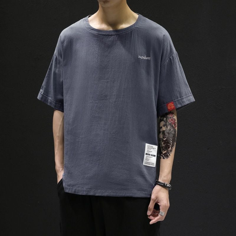 Summer Linen T-shirt Men's 2022 New Short-sleeved Loose Embroidered Chinese Style Men's plus size Cotton and Linen Half-sleeved Top - Image 4