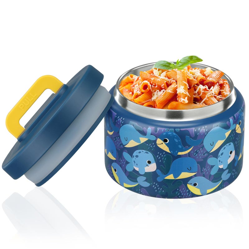 PIQUEBAR 8oz Kids Thermo for Hot Food,Small Lunch Thermos Food Container Stainless Steel,Easy Open Wide Mouth Thermo for Hot Cold Food for Preschool Travel (Blue Whale) - Image 1