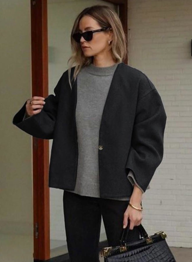 HOTIAN Women Cropped Wool Blend Coats Long Sleeve Coat Jacket Peacoat Fall Winter Outwear Overcoat, Darkgray, M - Image 2