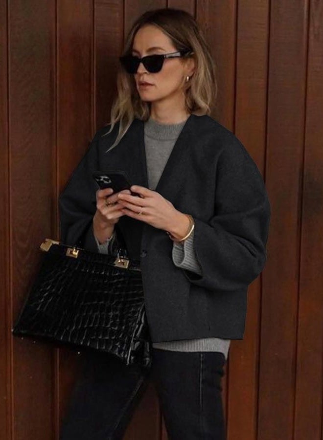HOTIAN Women Cropped Wool Blend Coats Long Sleeve Coat Jacket Peacoat Fall Winter Outwear Overcoat, Darkgray, M - Image 5