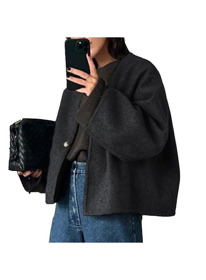 HOTIAN Women Cropped Wool Blend Coats Long Sleeve Coat Jacket Peacoat Fall Winter Outwear Overcoat, Darkgray, M - Image 1