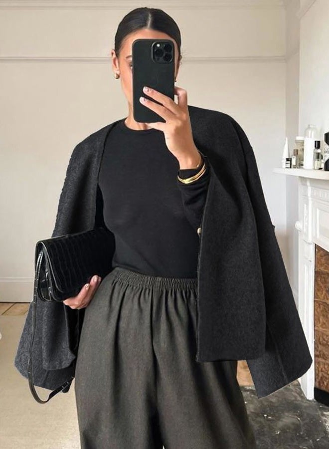 HOTIAN Women Cropped Wool Blend Coats Long Sleeve Coat Jacket Peacoat Fall Winter Outwear Overcoat, Darkgray, M - Image 3