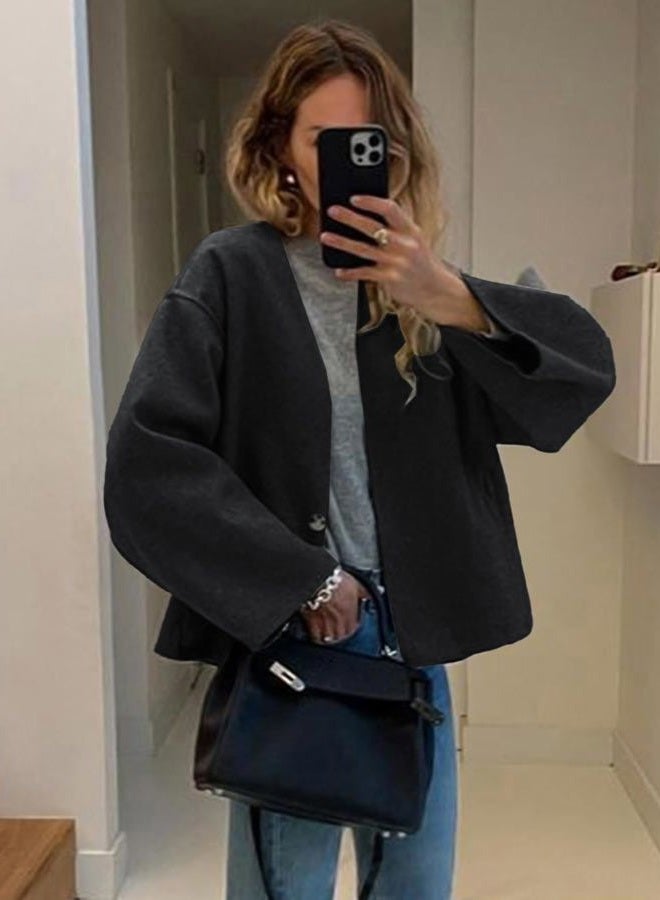 HOTIAN Women Cropped Wool Blend Coats Long Sleeve Coat Jacket Peacoat Fall Winter Outwear Overcoat, Darkgray, M - Image 4