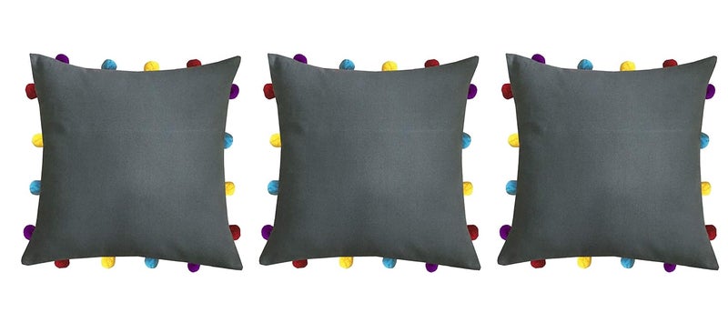 Lushomes Cushion Cover 14x14 Boho Cushion Covers Sofa Pillow Cover Cushion Covers with Tassels Cushion Cover with pom pom 14x14 Inches Set of 3 Grey - Image 1