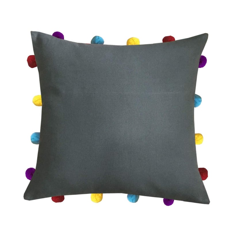 Lushomes Cushion Cover 14x14 Boho Cushion Covers Sofa Pillow Cover Cushion Covers with Tassels Cushion Cover with pom pom 14x14 Inches Set of 3 Grey - Image 2