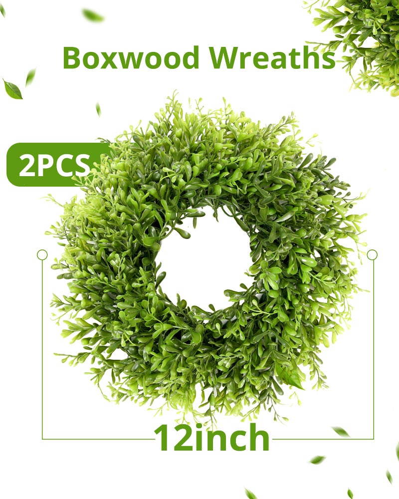 Vlorart 12 Inch Small Boxwood Wreath for Front Door, 2 Pcs Small Green Wreath Artificial Boxwood Wreaths Weatherproof, Spring Summer Mini Wreaths for Cabinets Window Wedding Farmhouse Indoor Outdoor - Image 3