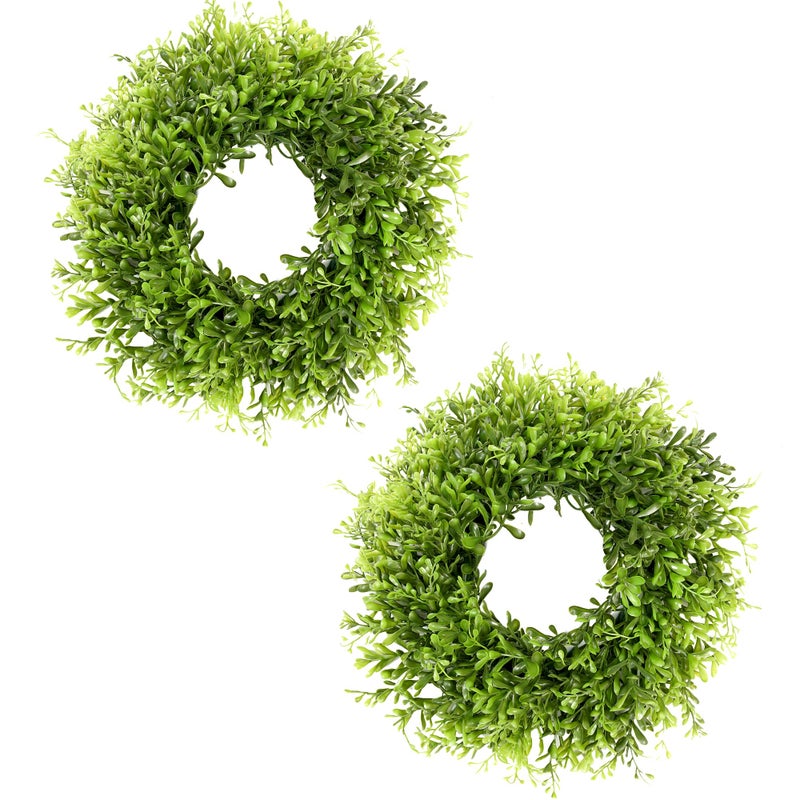 Vlorart 12 Inch Small Boxwood Wreath for Front Door, 2 Pcs Small Green Wreath Artificial Boxwood Wreaths Weatherproof, Spring Summer Mini Wreaths for Cabinets Window Wedding Farmhouse Indoor Outdoor - Image 1
