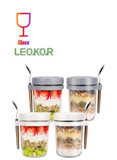 4 Pack 350ml Overnight Oats Containers with Lids and Spoons, Glass Overnight Oats Jars with Measurement Marks, Large Capacity Airtight Jars for Milk, Cereal, Fruit