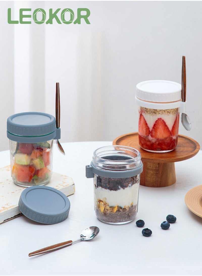 LEOKOR - 4 Pack 350ml Overnight Oats Containers with Lids and Spoons, Glass Overnight Oats Jars with Measurement Marks, Large Capacity Airtight Jars for Milk, Cereal, Fruit - Image 1