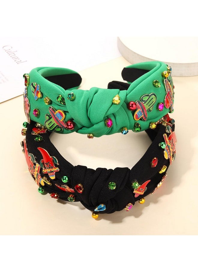 YAHPERN 2Pcs Cinco De Mayo Headbands Mexican Fiesta Headband For Women Cute Chili Cactus Pinata Sombrero Knotted Headband Jeweled Crystal Wide Top Knot Headband Mexican Hair Accessory Outfit (Pattern B)  - Image 3