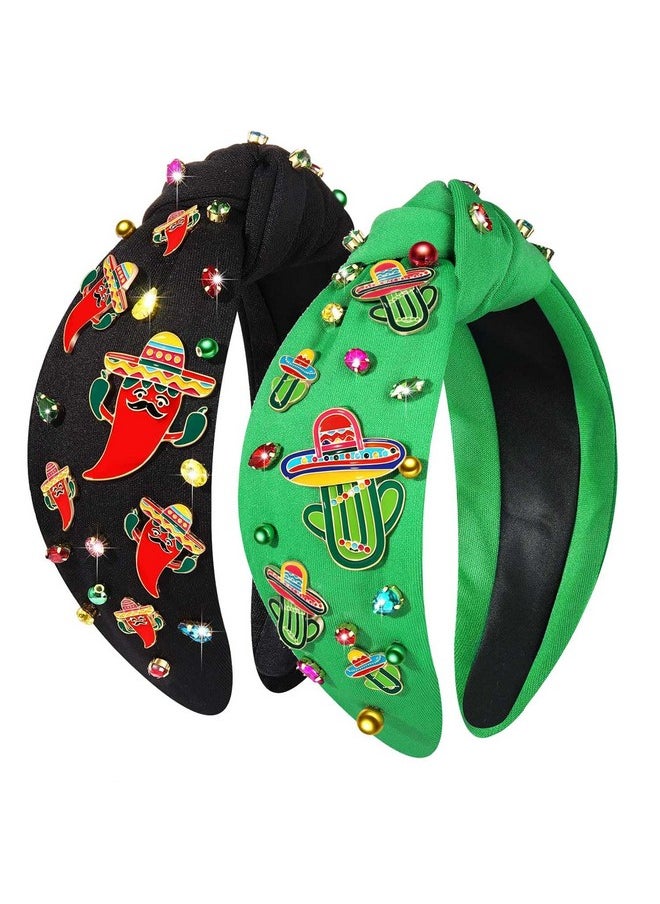 YAHPERN 2Pcs Cinco De Mayo Headbands Mexican Fiesta Headband For Women Cute Chili Cactus Pinata Sombrero Knotted Headband Jeweled Crystal Wide Top Knot Headband Mexican Hair Accessory Outfit (Pattern B)  - Image 1
