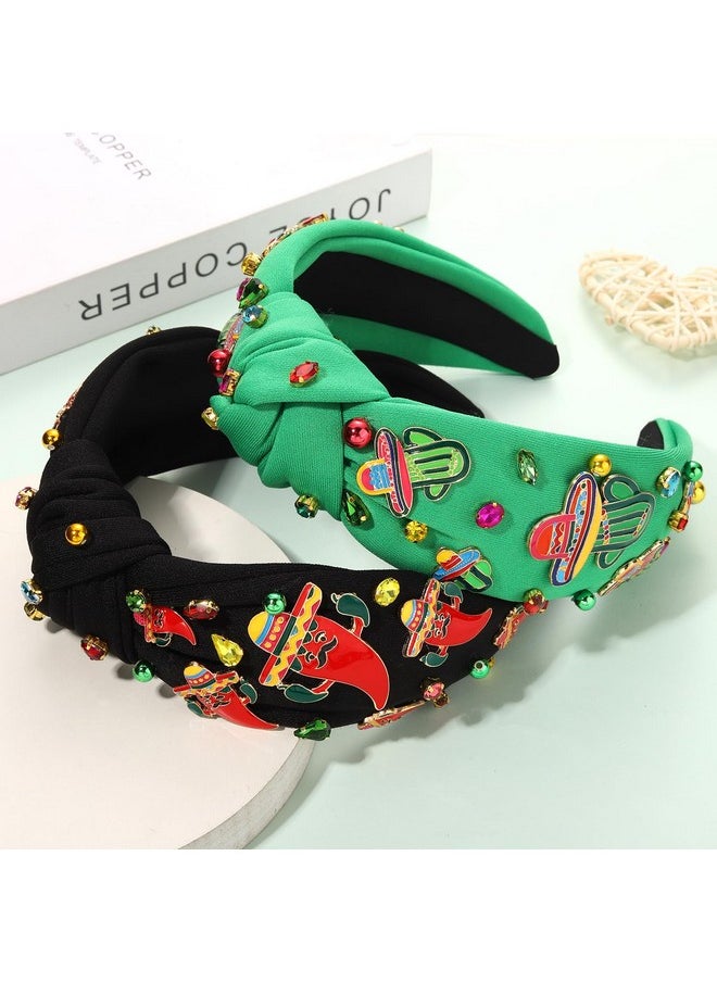 YAHPERN 2Pcs Cinco De Mayo Headbands Mexican Fiesta Headband For Women Cute Chili Cactus Pinata Sombrero Knotted Headband Jeweled Crystal Wide Top Knot Headband Mexican Hair Accessory Outfit (Pattern B)  - Image 2
