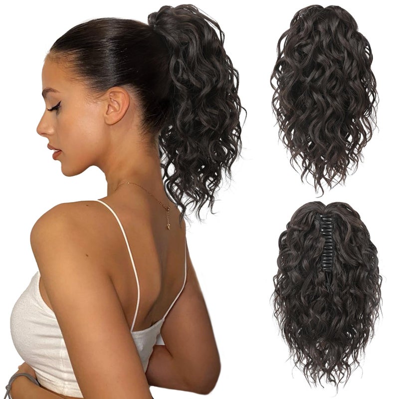 Flufymooz Ponytail Extension 12 Short Claw Ponytail Extension Wavy Curly Jaw Clip in Pony tails Hair Extension Natural Synthetic Hairpiece for Women Black Brown