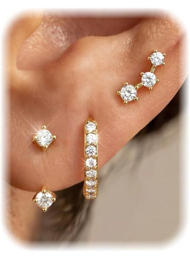 3 Pairs 925 Sterling Silver Earrings Set – 14K Gold Plated Stud, Huggie & Jacket Earrings, Hypoallergenic for Sensitive Ears, Gold - Image 1