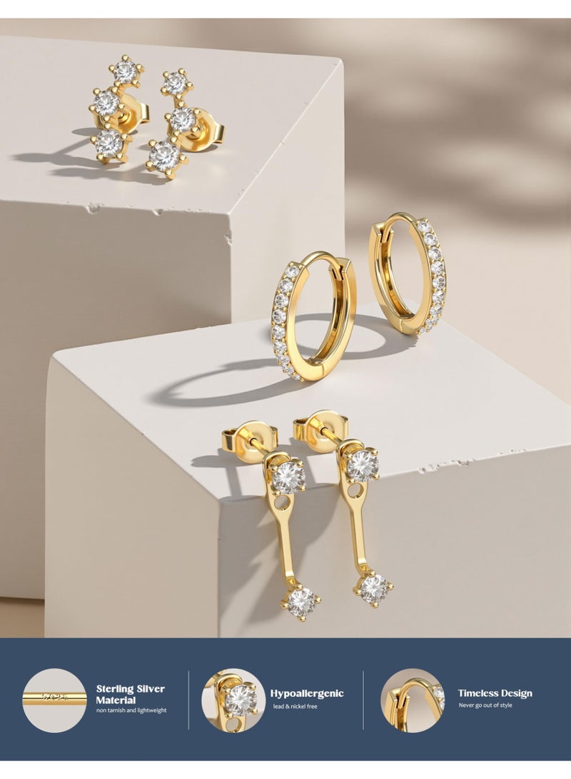 3 Pairs 925 Sterling Silver Earrings Set – 14K Gold Plated Stud, Huggie & Jacket Earrings, Hypoallergenic for Sensitive Ears, Gold - Image 2
