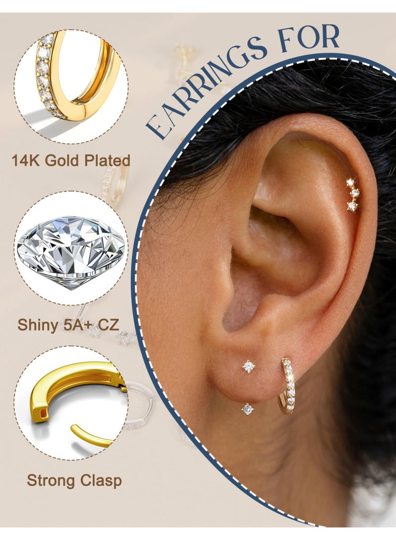 3 Pairs 925 Sterling Silver Earrings Set – 14K Gold Plated Stud, Huggie & Jacket Earrings, Hypoallergenic for Sensitive Ears, Gold - Image 4