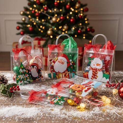 Henoyso 12 Pcs Christmas Clear Gift Bags Plastic Candy Treat Goodie Bags Red Foil Santa PVC Wrap Totes with Handles and Ribbon Xmas Party Favors Santa and Snowman78 x 78 x 31 Inch - Image 3