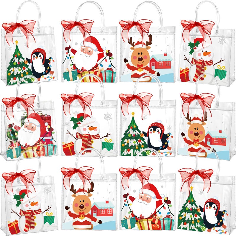 Henoyso 12 Pcs Christmas Clear Gift Bags Plastic Candy Treat Goodie Bags Red Foil Santa PVC Wrap Totes with Handles and Ribbon Xmas Party Favors Santa and Snowman78 x 78 x 31 Inch - Image 2