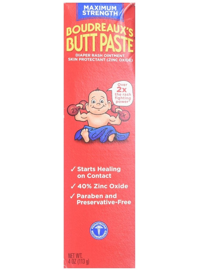 Boudreaux's Butt Paste Diaper Rash Ointment - Maximum Strength - Contains 40% Zinc Oxide - Pediatrican Recommended - Paraben and Preservative-Free - 4 Ounce, 2-Pack