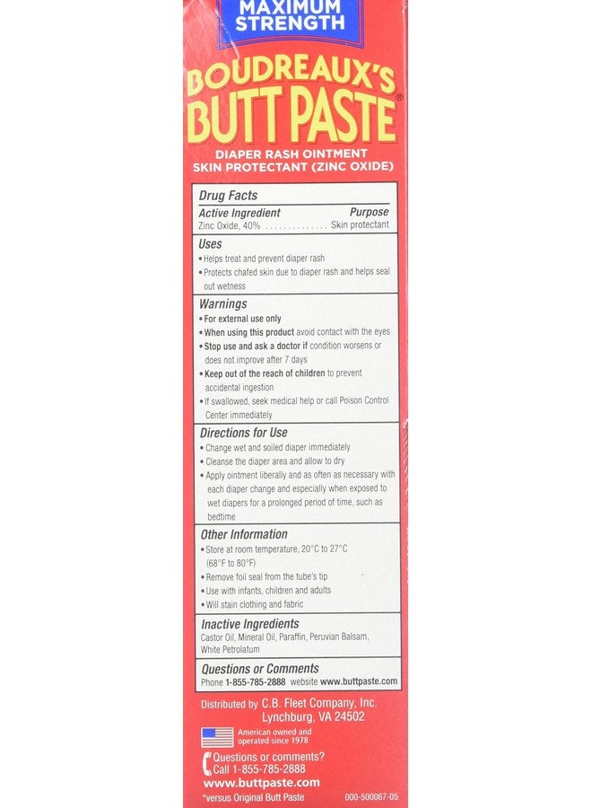 Boudreaux's Butt Paste Diaper Rash Ointment - Maximum Strength - Contains 40% Zinc Oxide - Pediatrican Recommended - Paraben and Preservative-Free - 4 Ounce, 2-Pack