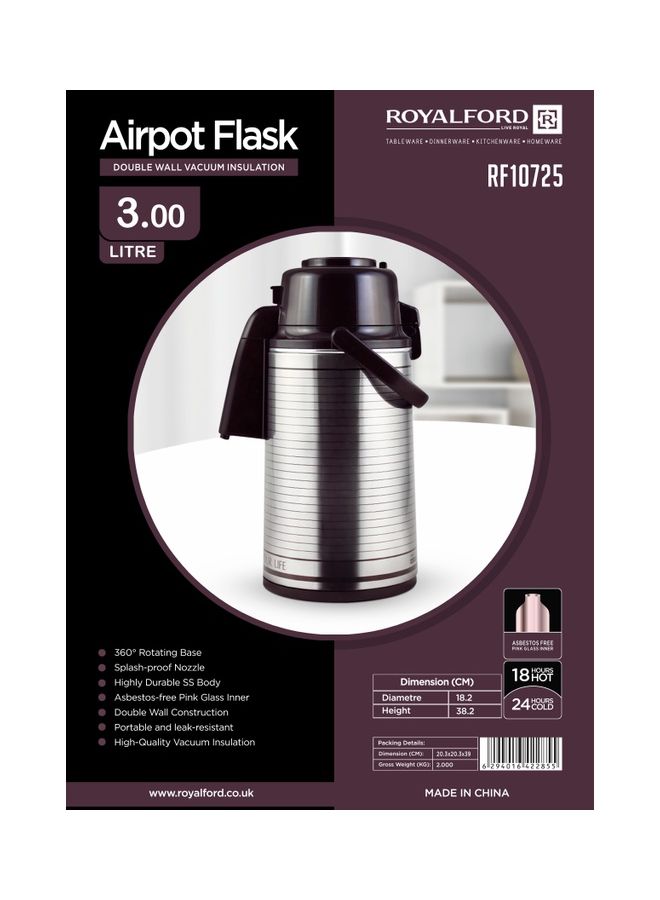 Royalford Airpot Flask, Double Wall Vacuum Insulation, 3L, RF10725 | 360 Rotating Base | Portable & Leak-Resistant | Pump Flask for Hot/ Cold Drinks, Tea, Coffee Silver - Image 5