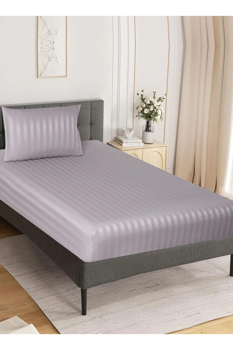 Donetella 2-Piece Striped Bedding Set – Single Fitted Sheet 90x200+30 cm with All-Around Elastic &amp; 1 Matching Pillowcases