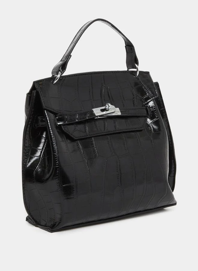 Black Twist Lock Textured Handbag