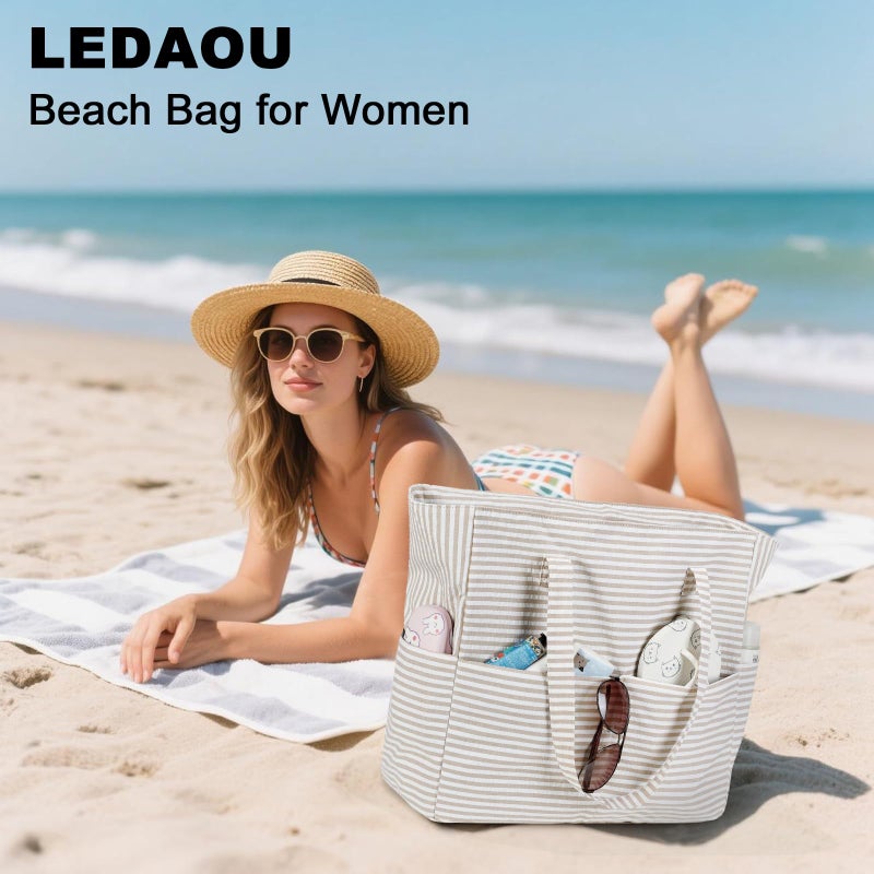 LEDAOU Beach Bag Sandproof Women Tote Bag Pool Bag with Zipper for Gym Grocery Travel with Wet Pocket - Image 2