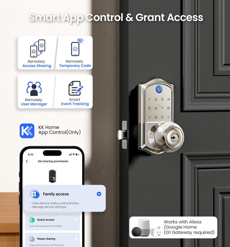 Veise VE018 Smart Knob Handle Lock - Fingerprint, App Control, Keyless Entry for Front Door and Bedroom, Electronic Digital Keypad, Auto Lock, Remote Access Sharing, IP55 Weatherproof, Satin Nickel - Image 3
