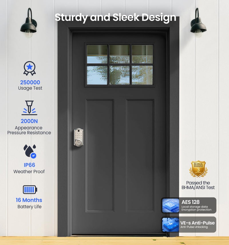 Veise VE018 Smart Knob Handle Lock - Fingerprint, App Control, Keyless Entry for Front Door and Bedroom, Electronic Digital Keypad, Auto Lock, Remote Access Sharing, IP55 Weatherproof, Satin Nickel - Image 5