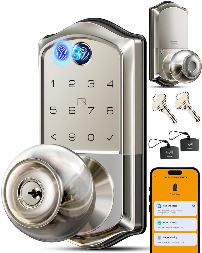 Veise VE018 Smart Knob Handle Lock - Fingerprint, App Control, Keyless Entry for Front Door and Bedroom, Electronic Digital Keypad, Auto Lock, Remote Access Sharing, IP55 Weatherproof, Satin Nickel - Image 1