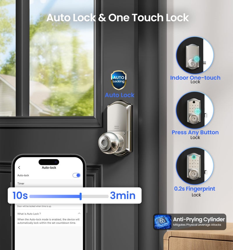 Veise VE018 Smart Knob Handle Lock - Fingerprint, App Control, Keyless Entry for Front Door and Bedroom, Electronic Digital Keypad, Auto Lock, Remote Access Sharing, IP55 Weatherproof, Satin Nickel - Image 4