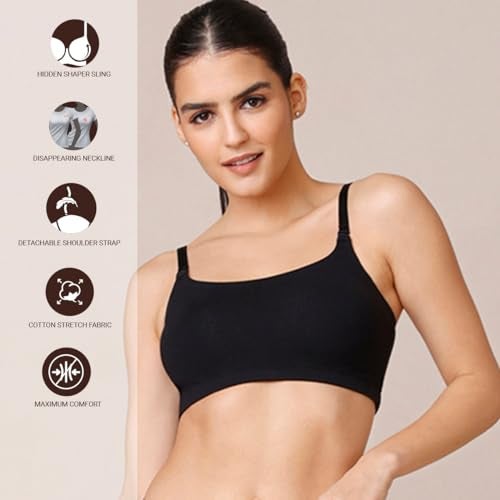 NYKD by Nykaa Easy Breezy Slip-On Bra Everyday T-Shirt Bra for Women, Wireless, Full Coverage, Non Padded-NYB165,Black/Sand,XS - Image 2