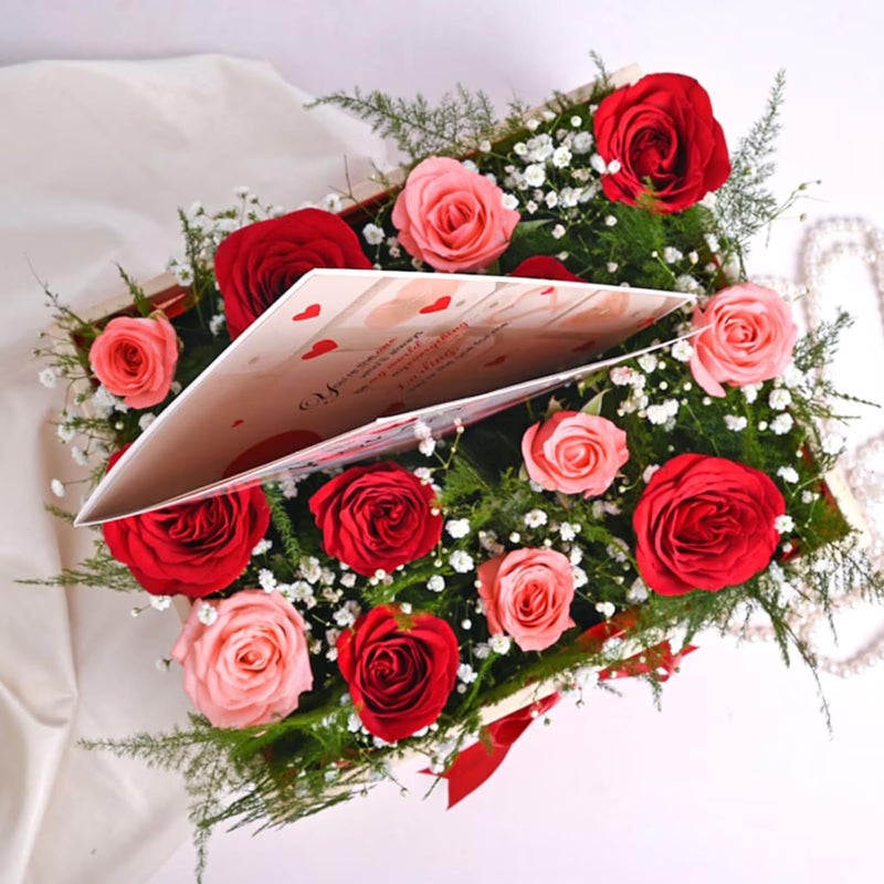FlowerAura Fresh Live 12 Red Pink Roses Flower Basket With Greeting Card For For Valentines Day Gift Birthday Gift Anniversary Gift Mothers Day Gift Fathers Day Gift Same Day Delivery - Image 3