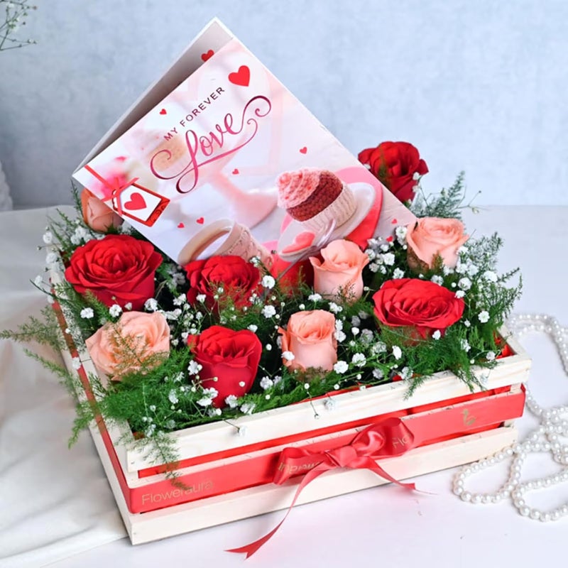 FlowerAura Fresh Live 12 Red Pink Roses Flower Basket With Greeting Card For For Valentines Day Gift Birthday Gift Anniversary Gift Mothers Day Gift Fathers Day Gift Same Day Delivery - Image 1