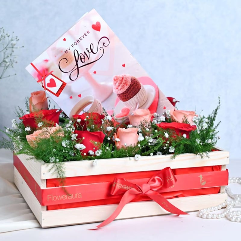 FlowerAura Fresh Live 12 Red Pink Roses Flower Basket With Greeting Card For For Valentines Day Gift Birthday Gift Anniversary Gift Mothers Day Gift Fathers Day Gift Same Day Delivery - Image 2