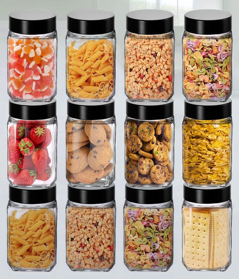 Brezzycloud Cubical Square 300ml Transparent Glass Jars & Containers for Kitchen, Cube Storage Glass Jar, 300 ml Each, Transparent Glass Jat with Black Color Plastic Airtight Lid (Set Of 12) - Image 1