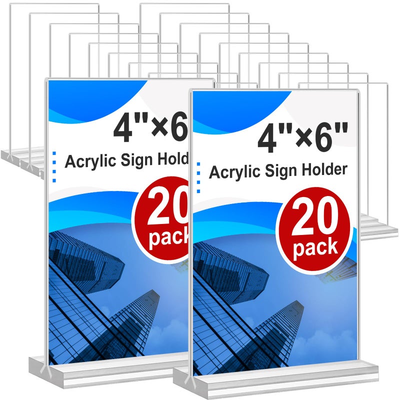 Arrobust Acrylic Sign Holder 4x6, 20 Pack Clear Table Vertical Double Sided Table Menu Display, Plastic Desktop Picture Frames Stand Acrylic Paper Holder Tabletop Sign Holder for Wedding Office Show Fair - Image 1