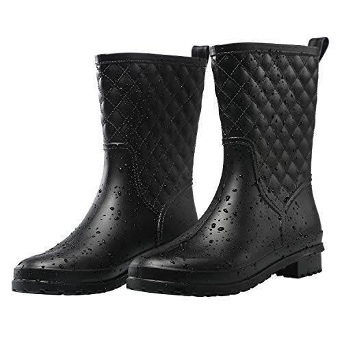 Petrass Women Rain Boots Black Waterproof Mid Calf Lightweight Cute Booties Fashion Out Work Comfortable Garden Shoes, Black 8.5 - Image 1