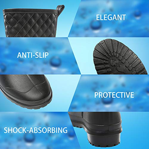 Petrass Women Rain Boots Black Waterproof Mid Calf Lightweight Cute Booties Fashion Out Work Comfortable Garden Shoes, Black 8.5 - Image 5