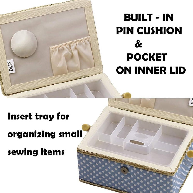 DD Sewing Box with Sewing Kit Accessories, Wooden Sewing Basket Organizer with Accessories for Home, Travel, Blue Polka Dot - Image 4