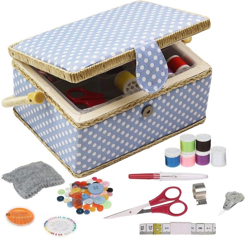 DD Sewing Box with Sewing Kit Accessories, Wooden Sewing Basket Organizer with Accessories for Home, Travel, Blue Polka Dot - Image 1