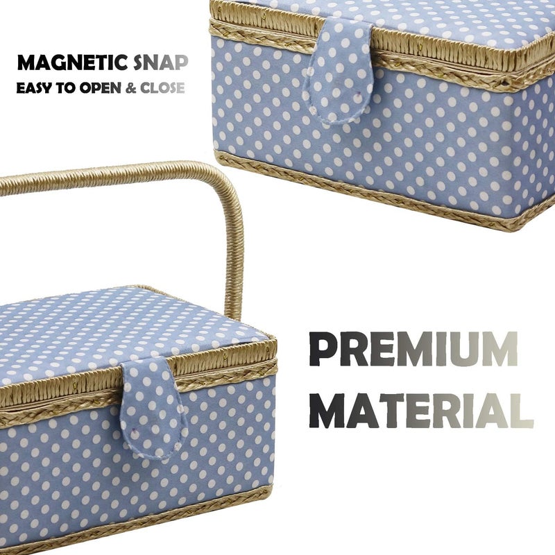 DD Sewing Box with Sewing Kit Accessories, Wooden Sewing Basket Organizer with Accessories for Home, Travel, Blue Polka Dot - Image 5