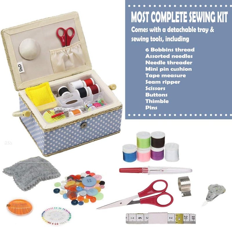 DD Sewing Box with Sewing Kit Accessories, Wooden Sewing Basket Organizer with Accessories for Home, Travel, Blue Polka Dot - Image 3