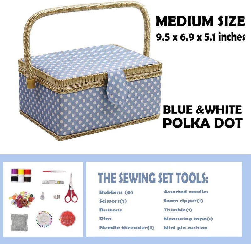 DD Sewing Box with Sewing Kit Accessories, Wooden Sewing Basket Organizer with Accessories for Home, Travel, Blue Polka Dot - Image 2