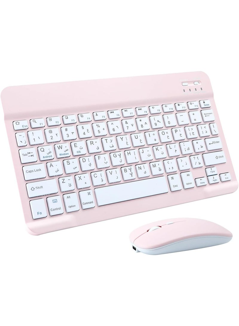 Ultra-Slim Bluetooth Arabic Keyboard and Mouse Combo Rechargeable Portable Wireless Keyboard Mouse Set for iPad,tablet,laptop,smartphone/iPhone iOS 13 and Above Samsung Tablet Phone Smartphone Android Windows,connect via bluetooth rechargeable 10 inches,Pink - Image 1