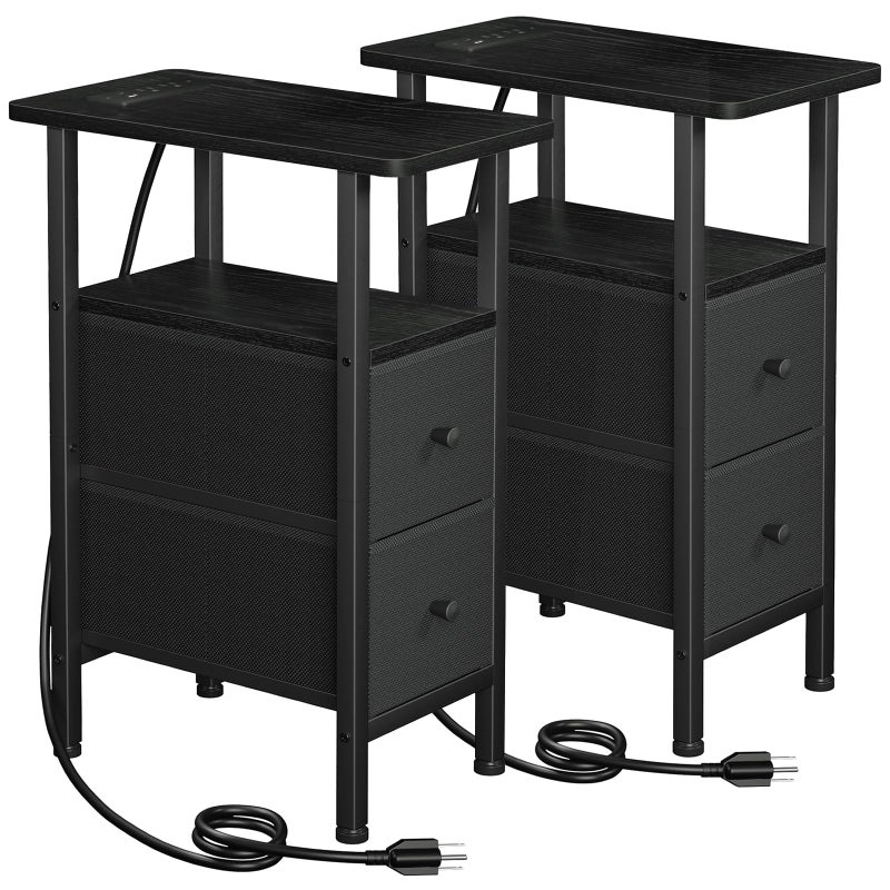 LOAKEKEL Narrow Nightstand with Charging Station, End Tables Living Room Set of 2, Skinny Side Table with Fabric Drawers, Slim Sofa Table for Bedroom, Small Spaces, Couch, Black, HETNDP02BK - Image 1