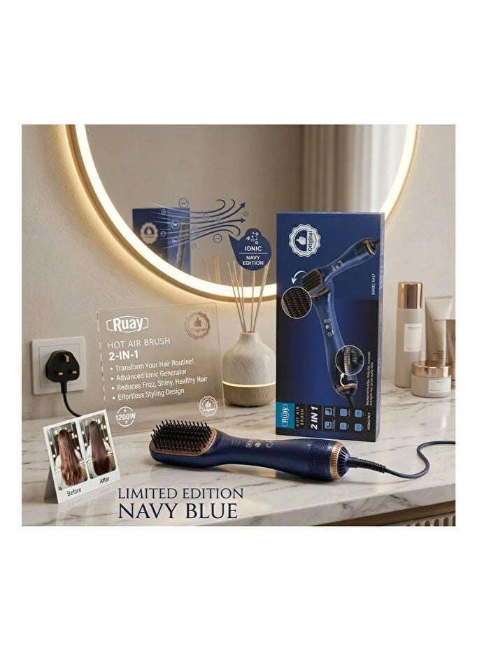 Ruay 2-in-1 Ionic Hot Air Brush – 1200W Hair Dryer & Styling Brush, Volumizing Blow Dryer Brush (Dark Blue) - Image 1