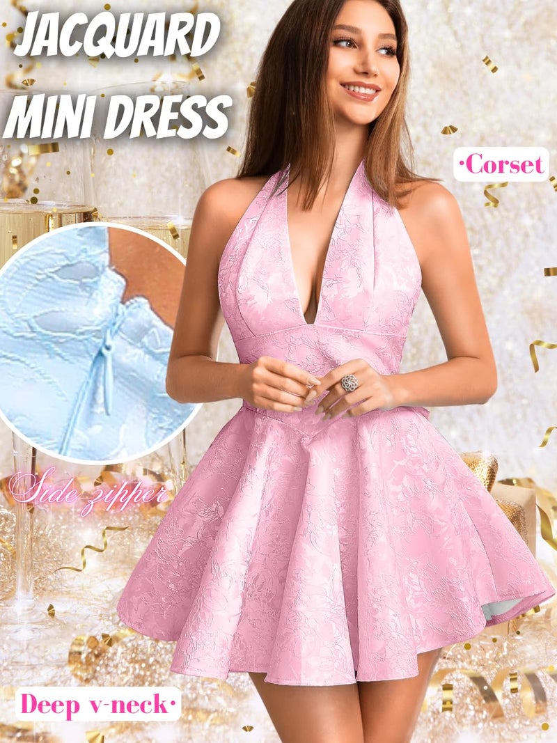 ShawGobow Jacquard Corset Dress,Deep V Halter Mini Dresses with Bow Back,Sexy Birthday Outfits Women Homecoming Prom Formal Pink Large - Image 2